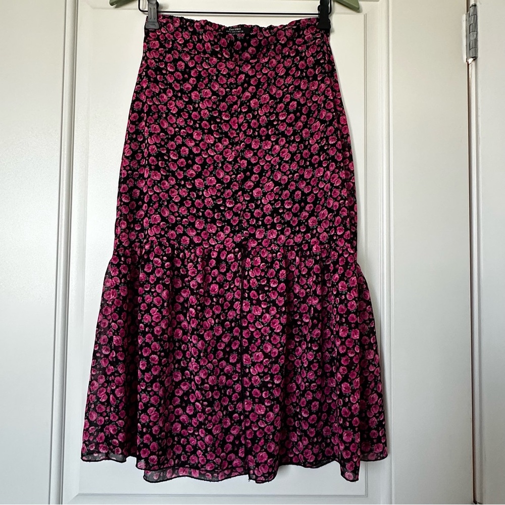 Bershka Black and Pink Floral A-Line Skirt